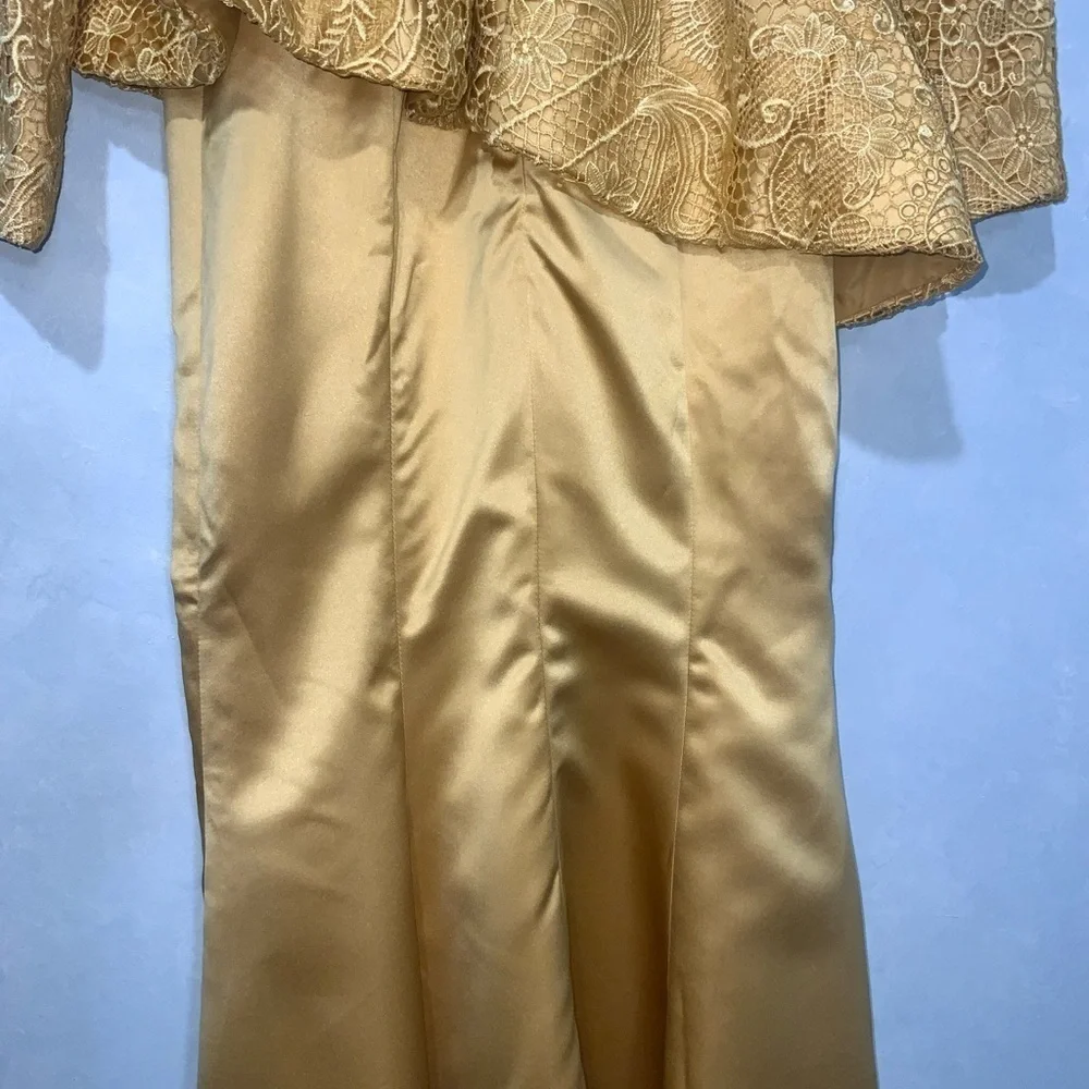 TS Couture Mustard Yellow Lace Long Sleeve Peplum Satin Mermaid Formal Gown NWT
